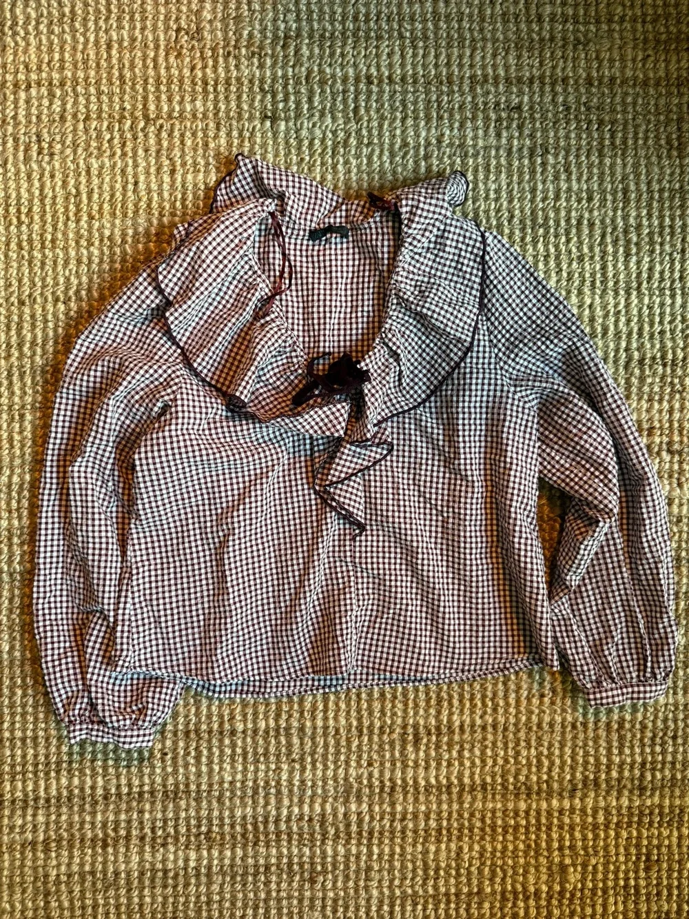 Zara Ruffle Gingham Blouse in Bordeaux & Ecru